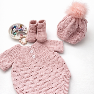 Baby Pink Romper Set; Soft Knit Outfit with Hat & Booties; Baby Shower Gift; 0-3 Months