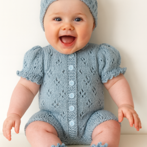 Luxury 100% Merino Baby Blue Romper Set; with Matching Hat & Booties; 0-3 Months