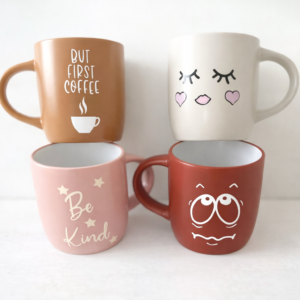 Set of 4 Stoneware Mugs with Funny Faces; Suitable for Coffee/Tea etc.
