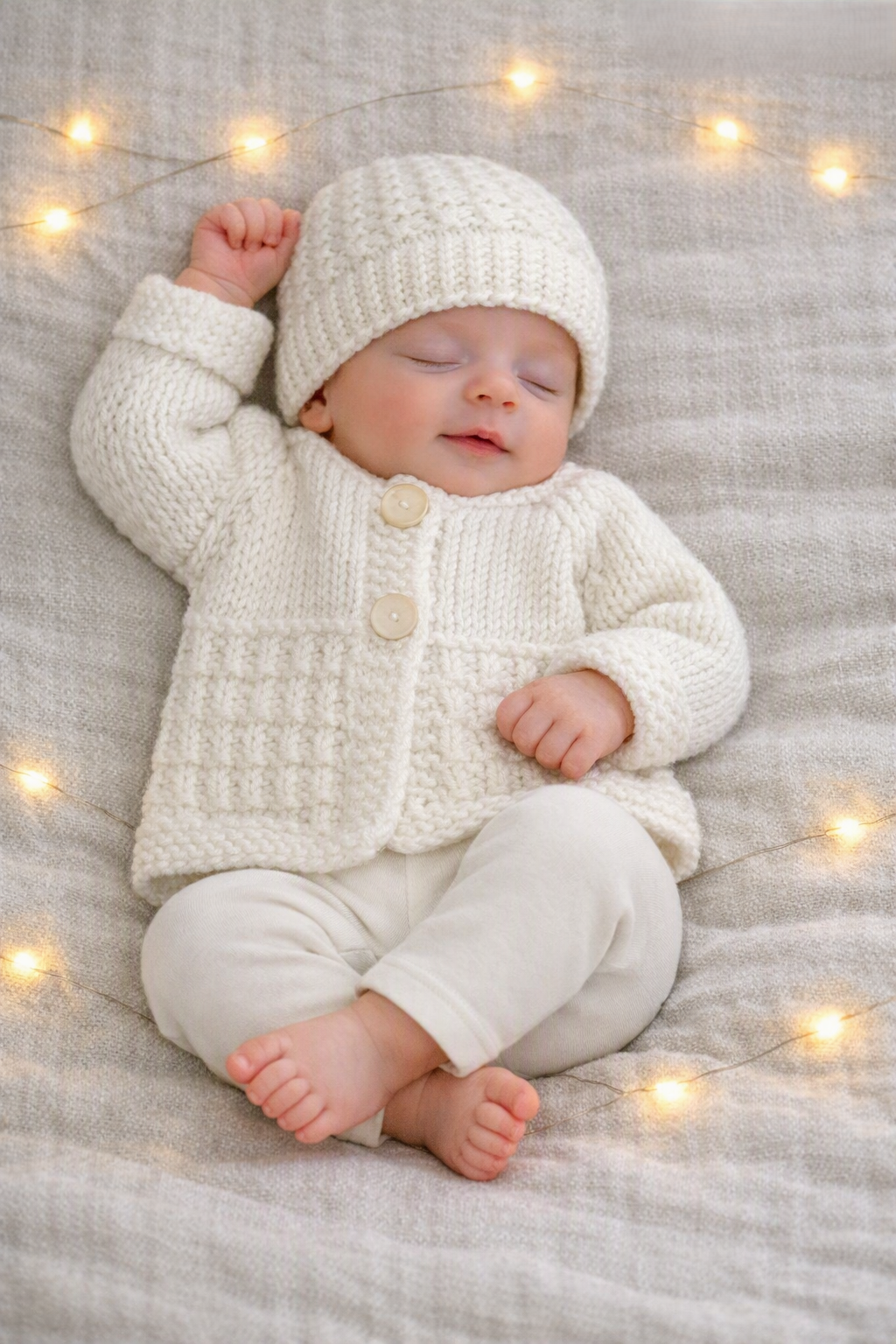 Unisex Preemie/Early Baby Cardigan and Matching Hat; White
