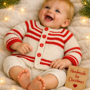 Luxury Hand-Knitted Baby Cardigan – Merino & Cashmere Blend Cream & Burnt Orange Stripes; 0-3 Months