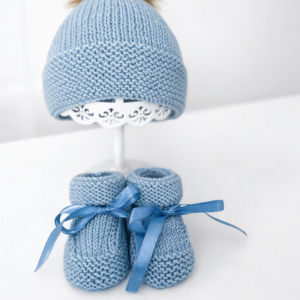 Luxury Cashmere/Merino Baby Booties and Hat Set, Baby Blue, 0-3 Months