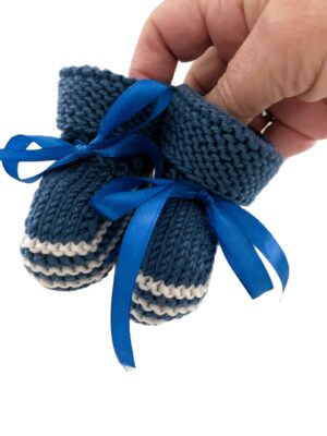 Baby Booties/Crib shoes; 0-3 months; Blue and White Striped; Cashmerino; Keepsake or Baby Shower Gift