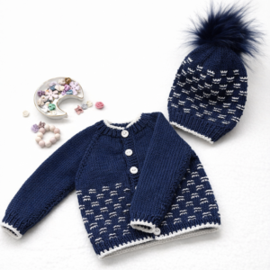 Unisex Baby Cardigan and Matching Bobble Hat; Size 3-6 months; Navy Blue and White