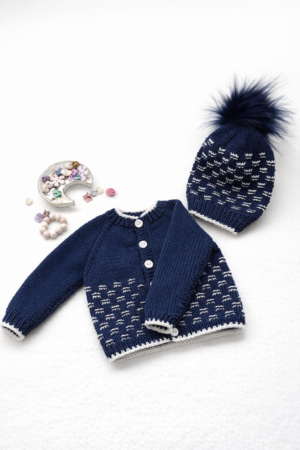 Unisex Baby Cardigan and Matching Bobble Hat; Size 3-6 months; Navy Blue and White