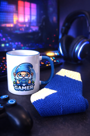 Hand-Knitted Socks & Gamer Mug Gift Set; Gnome Design; Blue;