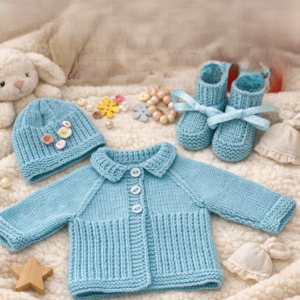 Unisex Baby Cardigan Set; With Matching Hat & Booties; 100% Merino Wool; Sea Green; 0-3 Months