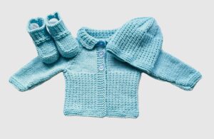 Unisex Baby Cardigan Set; With Matching Hat & Booties; 100% Merino Wool; Sea Green; 0-3 Months