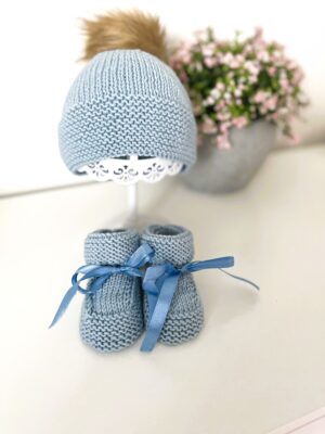 Baby Booties and Hat Set, Baby Blue, 0-3 Months