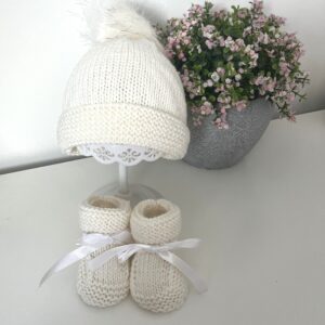 Baby Booties and Hat Set; White;  Cashmerino Blend; 0-3 Months