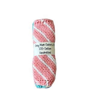 100% Organic Cotton Baby Wash Cloth/Flannel; Hand-Knitted; Striped Cloths x 3