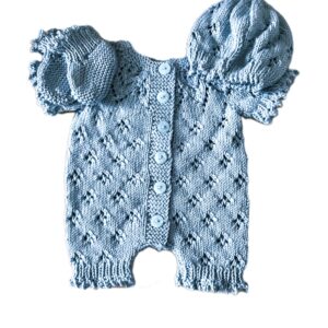 Baby Blue Romper Set; Soft Knit Outfit with Hat & Booties; Newborn; Photo Prop or Baby Shower Gift; 0-3 Months