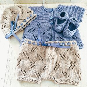 Baby Blue/Beige Soft Knit Outfit with Hat & Booties; Newborn; Baby Shower Gift; 0-3 Months