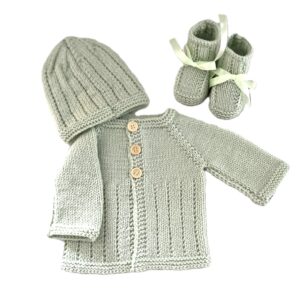 100% Merino Baby Cardigan and Matching Hat & Booties; Mint Green;  0-3 Months