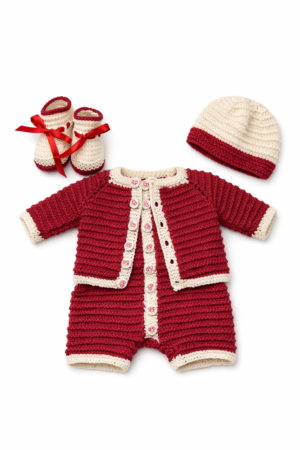 Cashmere Blend Baby Romper/Cardigan/Hat/Booties; Pink & White; 0-3 Mths