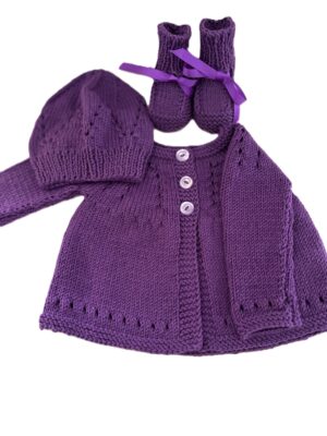 Cashmere Blend Eyelet Baby Cardigan/Hat/Booties; Soft; Luxurious; Purple; 3–6 Months