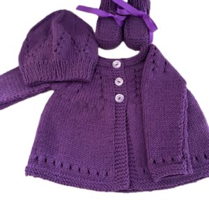 Cashmere Blend Eyelet Baby Cardigan/Hat/Booties; Soft; Luxurious; Purple; 3–6 Months