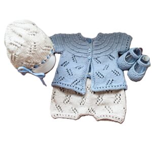 Baby Blue/Beige Soft Knit Outfit with Hat & Booties; Newborn; Baby Shower Gift; 0-3 Months
