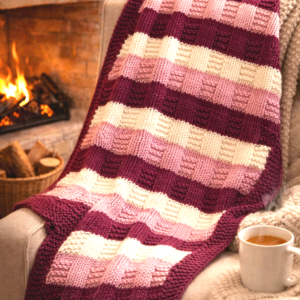 Baby Blanket; Pink and Cream; Cashmerino Wool; Hand-Knitted (46x46cm)