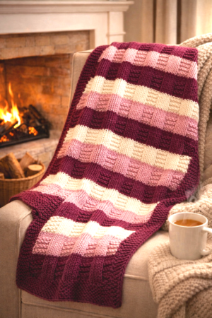 Baby Blanket; Pink and Cream; Cashmerino Wool; Hand-Knitted (46x46cm)