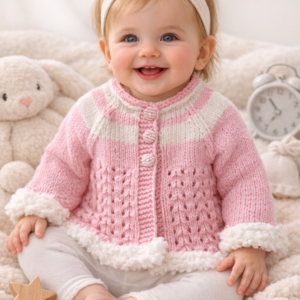Baby Cardigan; Pink; Lace Effect with White Fur Trim (0-3mths)