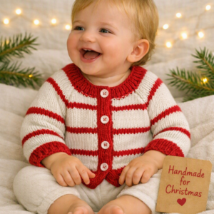 Baby Cardigan; Red and White Stripes; 0-3 Months; Winter Cardigan