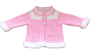 Baby Cardigan; Pink; Lace Effect with White Fur Trim (0-3mths)