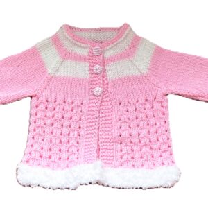 Baby Cardigan; Pink; Lace Effect with White Fur Trim (0-3mths)