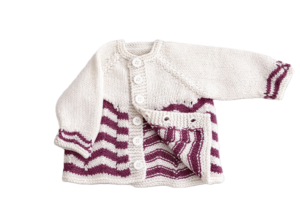 100% Merino Wool Baby Cardigan; White & Cyclamen; 0-3 Months