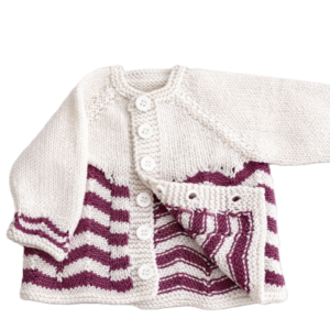 100% Merino Wool Baby Cardigan; White & Cyclamen; 0-3 Months