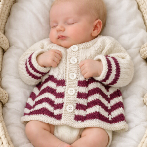 Elegant & Luxurious Merino/Cashmere/Silk Baby Cardigan; White & Cyclamen; 0-3 Months