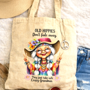 Natural Cotton Tote Bag – Printed with a Hippie! – Bag for Life - 40x38cm - Unique Gift, Great Stocking Filler