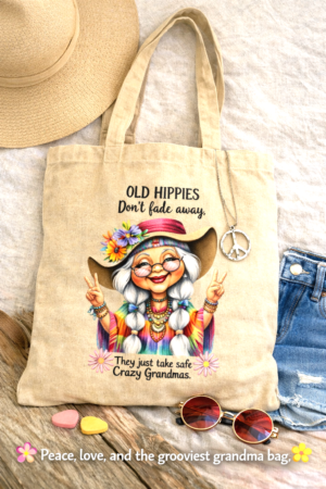 Natural Cotton Tote Bag – Printed with a Hippie! – Bag for Life - 40x38cm - Unique Gift, Great Stocking Filler