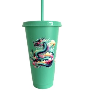 Tumbler; Green Dragon; 24oz Cold Cup with Lid and Straw