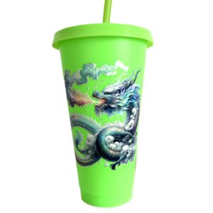 Dragon Tumbler; 24oz Green Cold Cup with Matching Lid & Straw