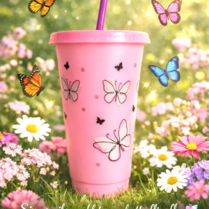 Pink 24oz Cold Cup/Tumbler with Lid & Straw; Butterfly; (Slightly Imperfect)