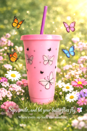 Pink 24oz Cold Cup/Tumbler with Lid & Straw; Butterfly;  (Slightly Imperfect)