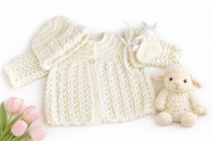 100% Merino Wool; Baby Matinee Set; Unisex;  Cream; Jacket, Hat, Booties (0-3 Months)