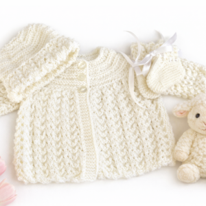 100% Merino Wool; Baby Matinee Set; Unisex;  Cream; Jacket, Hat, Booties (0-3 Months)