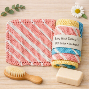 100% Organic Cotton Baby Wash Cloth/Flannel; Hand-Knitted; Striped Cloths x 3