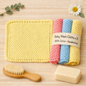 100% Organic Cotton Baby Wash Cloth/Flannel; Hand-Knitted; Plain Coloured Cloths x 3