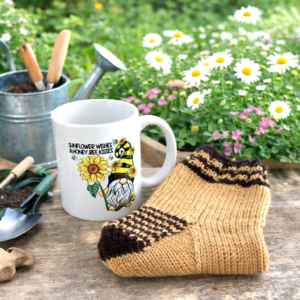 Hand-Knitted 'Bee' Socks & Customised Sunflower Gnome Mug; Garden Inspired Gift