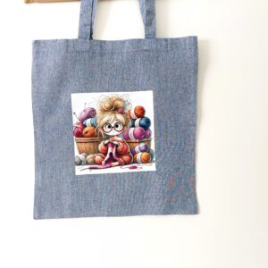 Girl Knitting Print, Blue Cotton Tote Bag;  Eco Friendly; Reusable Shopping Bag