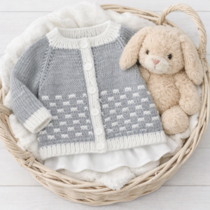 Cashmere Blend Unisex Baby Cardigan; Size 3-6 months; Silver Grey and White