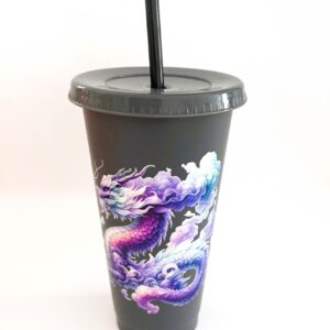 Tumbler; Dark Grey Dragon; 24oz Cold Cup with Lid and Straw