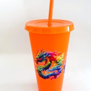 Tumbler; Orange Dragon; 24oz Cold Cup with Lid and Straw