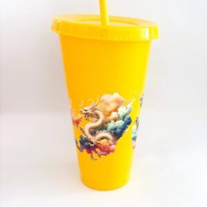 Tumbler; Yellow Dragon; 24oz Cold Cup with Lid and Straw