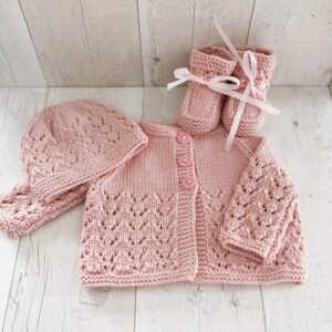 Baby Pink Set; Soft Knit Cardigan with Hat & Booties; Baby Shower Gift; 3-6 Months
