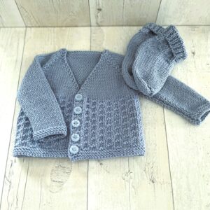 Unisex Baby Cardigan with matching Socks;  Merino/Cashmere Blend; Blue; 0-3 Months