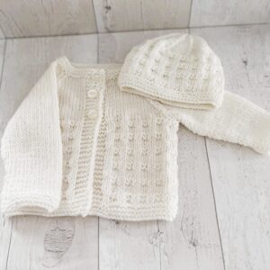 Cashmere Blend Unisex Baby Cardigan & Matching Hat;  0–3 Months; White